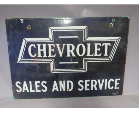 A VINTAGE ENAMELLED DOUBLE SIDED CHEVROLET SALES AND SERVICE SIGN, by Franco, W 76 cm, H 53 cm