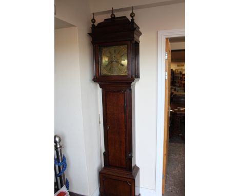 A NINETEENTH CENTURY OAK AND MAHOGANY 8 DAY BRASS FACED LONGCASE CLOCK, by Harley &amp; Sons - Salop, the dial with subsidiar