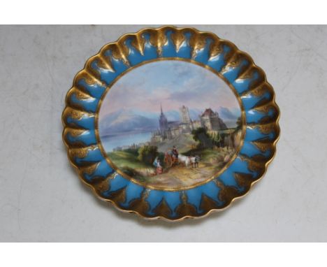 AN ANTIQUE SPODE COPELAND CABINET PLATE, the central hand painted panel signed W Birbeck, entitled 'Lausanna', form the title