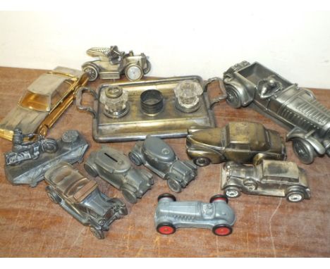 A COLLECTION OF VINTAGE METAL CAR MODELS, to include a 'Compulsion' sculpture of a vintage Bentley, L 17 cm, and a pewter lid