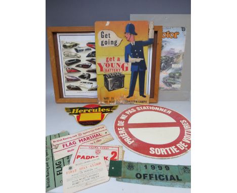 A QUANTITY OF CARDED AUTOMOBILIA, to include a Young point of sale counter display, two wall prints and a selection of vintag