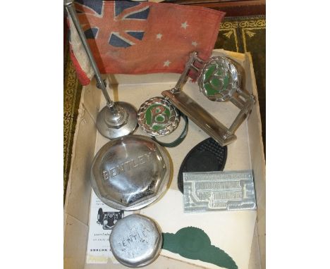 A VINTAGE DIPLOMATIC CAR FLAG POLE, together with a further selection of Bentley memorabilia to include a hub cap etc.