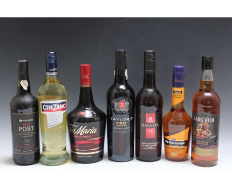 A SELECTION OF PORTS AND SPIRITS CONSISTING OF 1 BOTTLE OF TAYLOR'S FIRST ESTATE RESERVE PORT, 1 bottle of Morrisons port, 1 