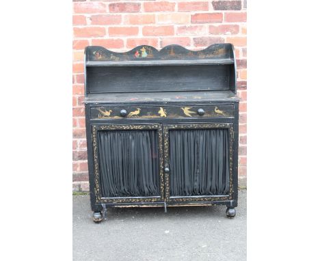 A NINETEENTH CENTURY PAINTED PINE SMALL CHIFFONIER IN THE EASTERN INFLUENCE, decorated with hand painted Chinese figures in b