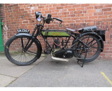 A 1921 NEW IMPERIAL LIGHT TOURIST 350cc MOTORCYCLE, having light green paintwork, sprung leather seat, belt driven with JAP e