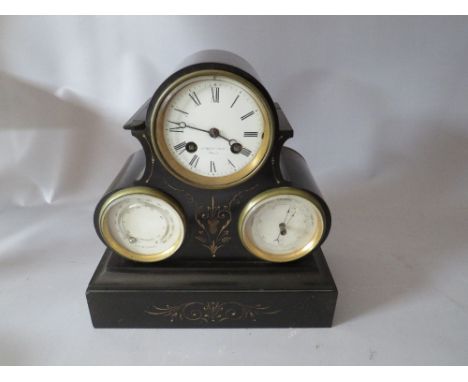 A VICTORIAN SLATE MANTEL CLOCK WITH PARISIAN MOVEMENT, having central clock face with two further dials for temperature and p