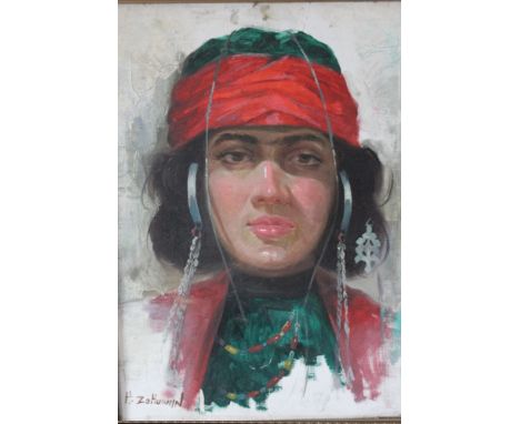 H. ZOHURIHN (XX).  Continental School. A head and shoulder portrait study of a young gypsy woman. Signed lower left, oil on c