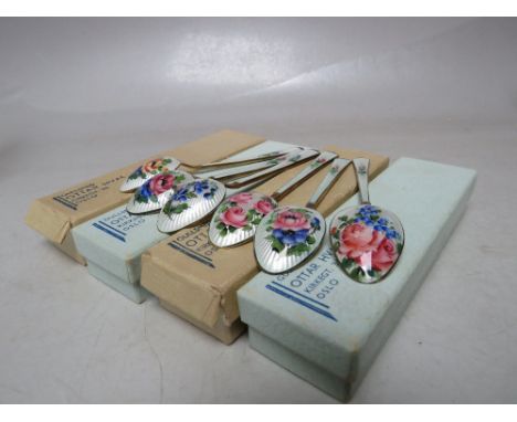 OTTAR HVAL OF NORWAY, a collection of sterling silver gilt guilloche enamel spoons, some boxed examples, approx L 9.6 cm (6)