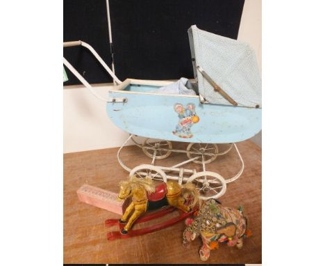 A VINTAGE DOLLS PRAM, together with a model rocking horse etc. (3)