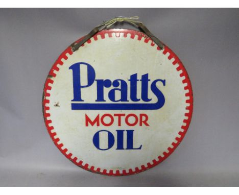 A VINTAGE ENAMELLED DOUBLE SIDED SIGN FOR PRATTS MOTOR OIL, circular with leather mounting strap made by Bruton, Palmers Gree