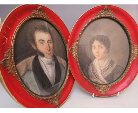 (XIX). A pair of head and shoulder portrait studies of a lady and gentleman. Unsigned, watercolours, framed and glazed, 23 x 