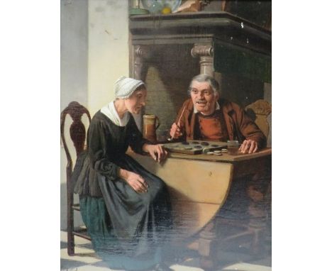 JOS VAN BREE (1784 - 1859). An interior scene with an elderly couple playing draughts, signed lower left, oil on canvas, fram