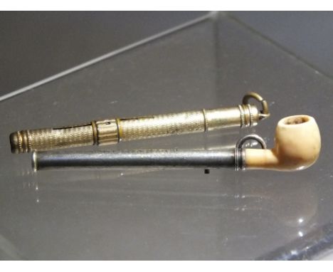 A SAMSON AND MORDAN NOVELTY WHITE PROPELLING PENCIL FOB IN THE FORM OF A PIPE, L 5 cm, together with another unmarked propell