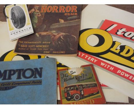 A COLLECTION OF VINTAGE AUTOMOBILIA RELATED EPHEMERA ETC, to include decals, reference guides, point of sale cards