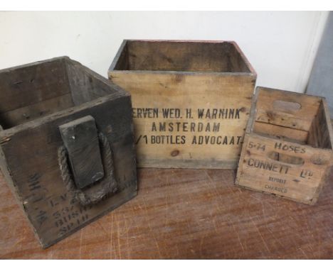 ADVERTISING INTEREST: Three vintage wooden boxes, for Warnink Advocaat, Connett Ltd. The Winery and an automotive bush collar