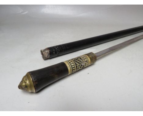 A VINTAGE EBONISED GENTS WALKING CANE / SWORD STICK, with brass lions head pommel and carved bone handle, blade L 61 cm, over