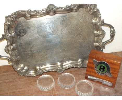 A COLLECTION OF VINTAGE BENTLEY RELATED GLASS AND METALWARE, to include a twin handed silver plated tray, Bentley glass paper