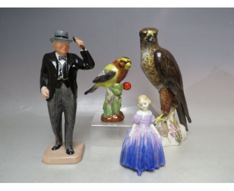 A COPELANDS SPODE CHINA FIGURE OF AN 'EVENING GROSBEAK', H 13.5 cm, together with two spode figures for restoration and a Roy