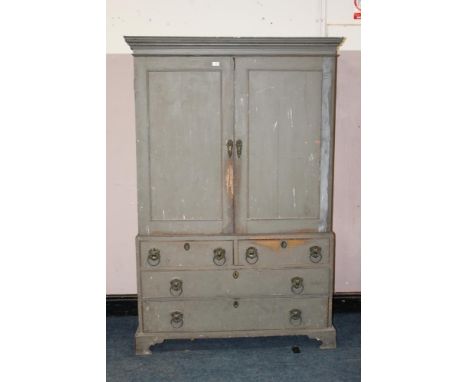 A NINETEENTH CENTURY PAINTED LINEN PRESS, the twin door upper section opening to four linen shelves (and one additional shelf