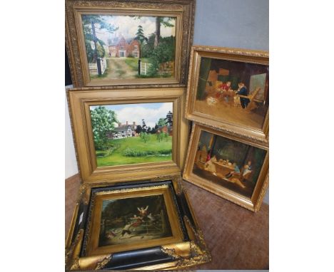 A SELECTION OF FIVE GILT FRAMED OIL PAINTINGS, to include a painting on metal panel of children playing by a woodland gates, 
