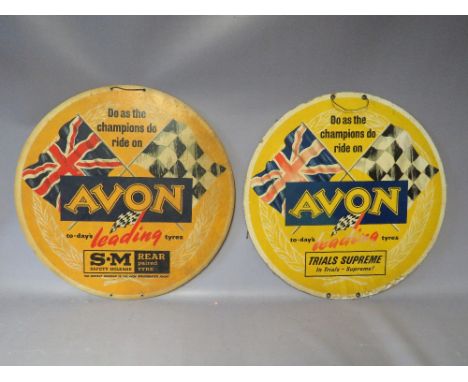 A PAIR OF VINTAGE 'AVON TYRES' DEALERSHIP SIGNS, made from thick circular cardboard, colour print to front, fitting guide car