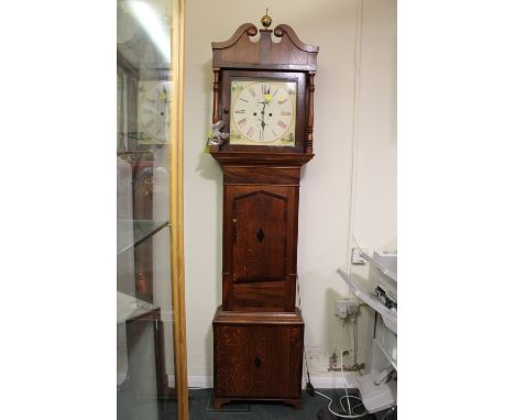 A NINETEENTH CENTURY OAK AND MAHOGANY LONGCASE CLOCK, with eight day movement, the painted dace with subsidiary dated and sec