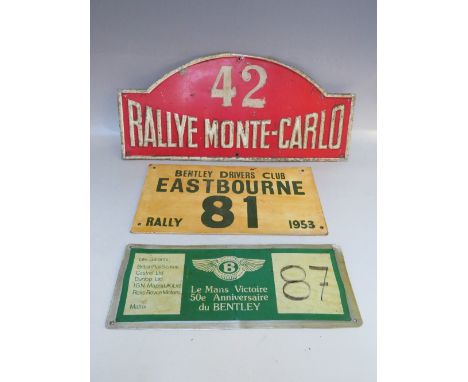 THREE VINTAGE RALLY CAR IDENTIFICATION PLATES, to include a pressed aluminium Rallye Monte Carlo and two Bentley examples (3)