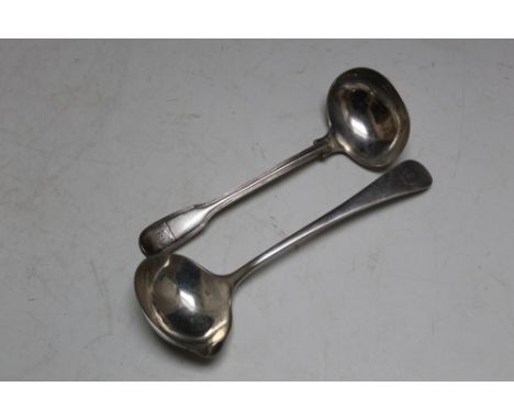 A  HALLMARKED SILVER FIDDLE AND THREAD TABLE LADLE- LONDON 1826, together with an old English pattern pouring ladle - London 