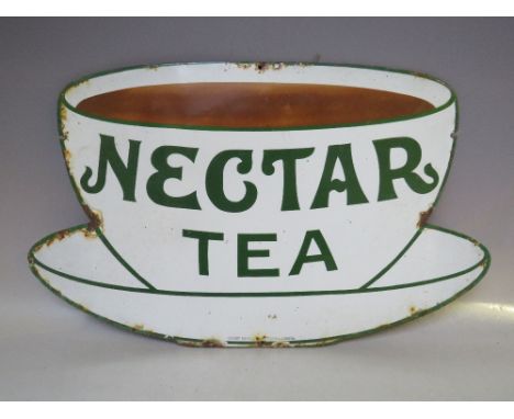 A VINTAGE ENAMELLED SIGN FOR NECTAR TEA, single sided in the form of a tea cup and saucer, H 32 cm, W 54 cm