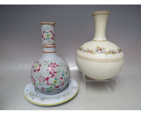 A NINETEENTH CENTURY COPELAND PARIAN WARE DECORATIVE VASE, with floral and gilt embellishment, H 22 cm, together with a simil