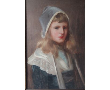 (XIX / XX). A half length portrait study of a young girl wearing a bonnet, 'Penelope' see verso. Indistinctly signed lower le