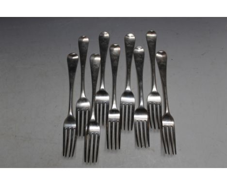 A MATCHED SET OF NINE HALLMARKED SILVER TABLE FORKS WITH CREST OF A BIRD PERCHED ON A BUGLE, consisting of four London 1837 -