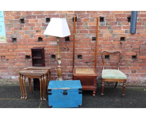 A QUANTITY OF ASSORTED FURNITURE, to include a lamp, nest of tables, commode, Victorian chair, strong box and a modern bookca