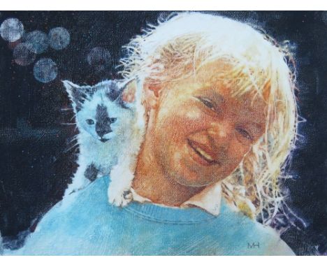 M. H. (XX). A study of young girl with a kitten on her shoulder. Signed with initials lower right, mixed media on board, unfr