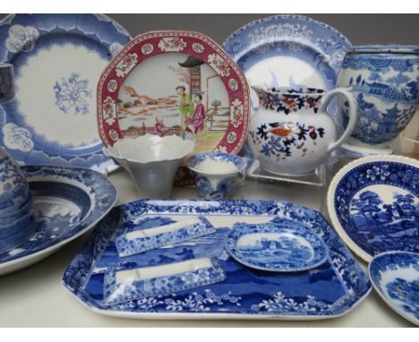 A COLLECTION OF SPODE AND COPELAND BLUE AND WHITE CERAMICS ETC, to include a Copeland and Garrett Late Spode plate 'A Gift fr