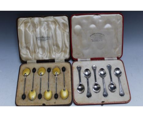 A CASED SET OF COFFEE SPOONS BY WILSON &amp; SHARP LTD - EDINBURGH 1936, together with a cased set of six silver and enamel c