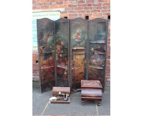 AN ANTIQUE FOUR FOLD DECOUPAGE STYLE DRESSING SCREEN, together with a 19th century mahogany commode and a cased vintage Germa