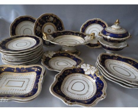 A COLLECTION OF SPODE VICTORIAN DINNERWARE, with cobalt blue and gilt embellishment, to include a footed comport, a selection