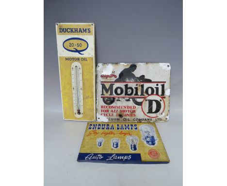 A VINTAGE ENAMELED MOBIL 'D' SIGN, together with a Duckhams oil thermometer and an Endura lamps tin lid (3)Condition Report:M