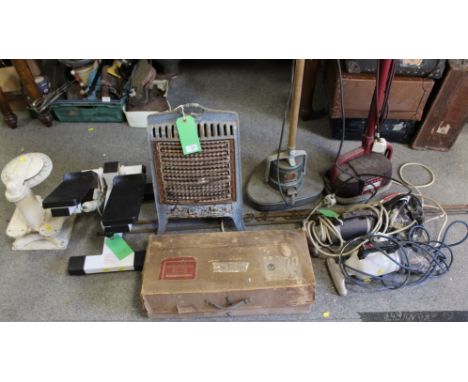 A COLLECTION OF VINTAGE ELECTRICALS ETC., to include various Hoover vacuum cleaners, an enamelled heater and weighing scales 