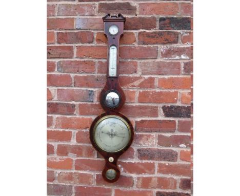 A NINETEENTH CENTURY MAHOGANY AND SATINWOOD INLAID ANEROID BAROMETER BY 'B MAZZUCHI - GLOUCESTER', H 97 cm