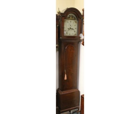 A 19TH CENTURY OAK PAINTED FACE LONGCASE CLOCK BY GEORGE AINSWORTH OF WARRINGTON, having eight day movement with date apertur