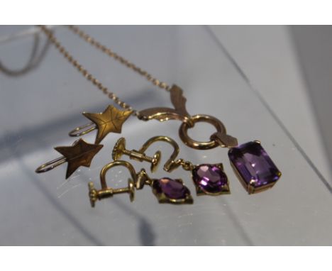 A HALLMARKED 9CT GOLD AND AMETHYST PENDANT NECKLACE, hallmarks to reverse of pendant, chain indistinctly marked 9 ct to clasp