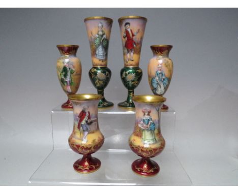 A COLLECTION OF LIMOGES ENAMEL PAINTED CABINET VASES, comprising three pairs of vases, one pair signed 'Marty', one singed 'V