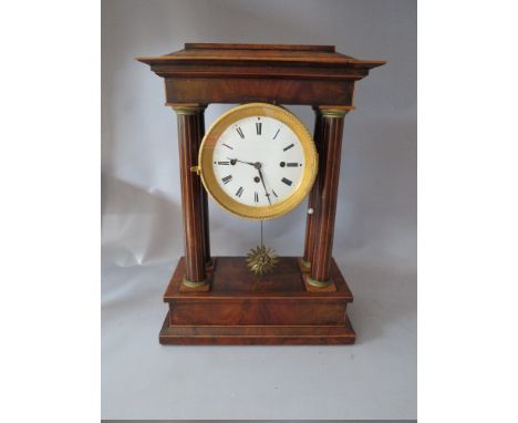 A NINETEENTH CENTURY MAHOGANY PORTICO CLOCK, of classical outline, the pillars with inlaid satinwood stringing, repeater func