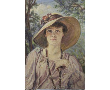 (XX). A portrait study of a lady wearing a hat with woodland in background. Unsigned, oil on board, framed, 16.5 x 12.5 cm