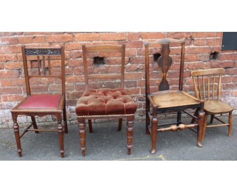 FOUR ASSORTED WOODEN CHAIRS, to include a child's size ercol style stick back example, carved mahogany example etc. (4)