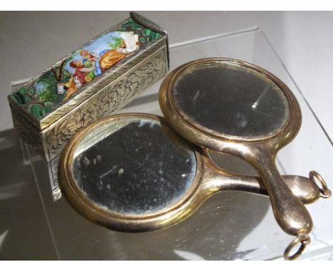 TWO HALLMARKED 9CT GOLD CHATELAINE / PENDANT MIRRORS, overall H 9.5 cm, including bail, together with a white metal and ename