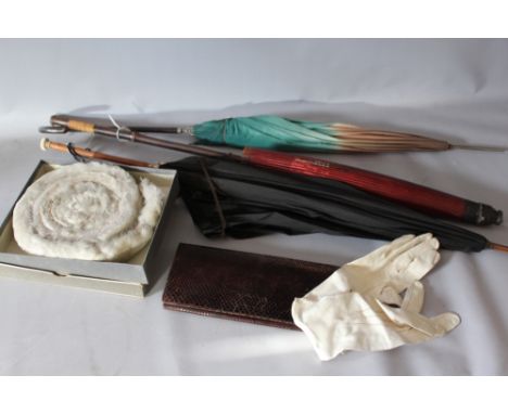 A SELECTION OF VINTAGE LADIES ACCESSORIES, to include parasols, umbrella, gloves and a snakeskin effect clutch bag etc., Cond