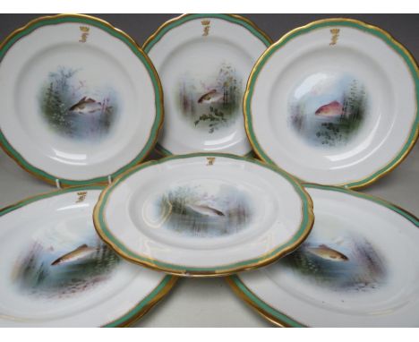A SET OF SIX COPELAND SPODE PORCELAIN PLATES, retailed by T. Goode &amp; Co., each plate with painted decoration to the centr